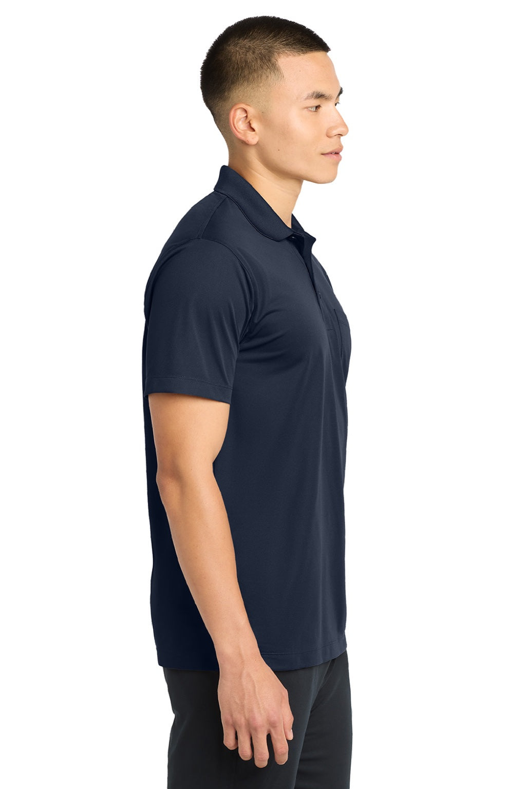 Sport-Tek ST651 Mens Sport-Wick Moisture Wicking Short Sleeve Polo Shirt w/ Pocket True Navy Blue Model Side
