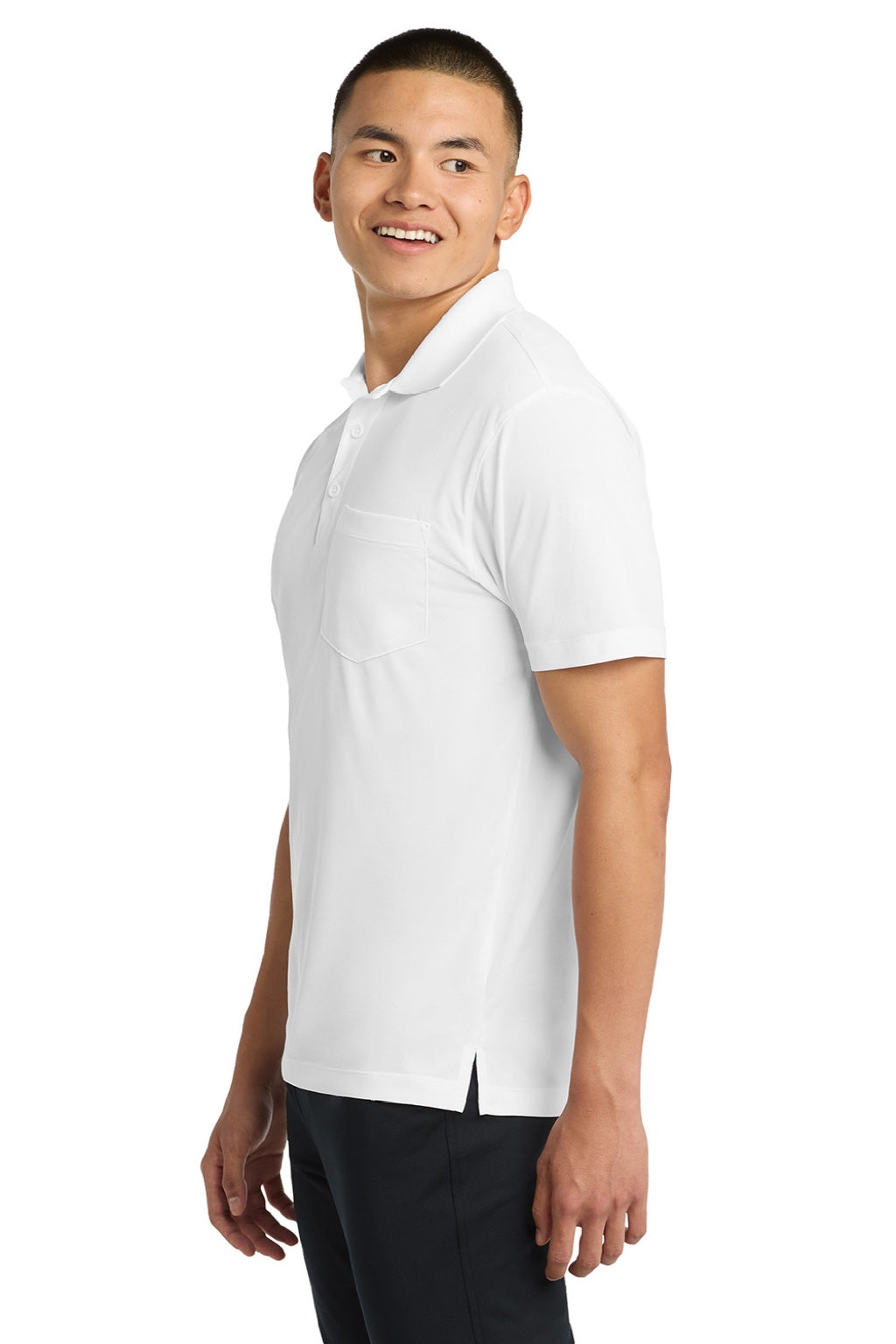 Sport-Tek ST651 Mens Sport-Wick Moisture Wicking Short Sleeve Polo Shirt w/ Pocket White Model Side