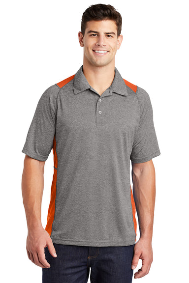 Sport-Tek ST665 Mens Heather Contender Moisture Wicking Short Sleeve Polo Shirt Heather Vintage Grey/Deep Orange Model Front