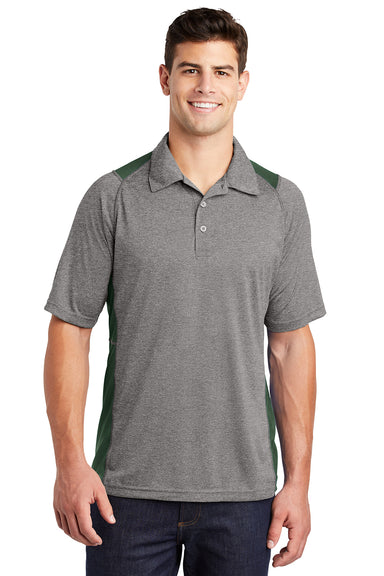 Sport-Tek ST665 Mens Heather Contender Moisture Wicking Short Sleeve Polo Shirt Heather Vintage Grey/Forest Green Model Front