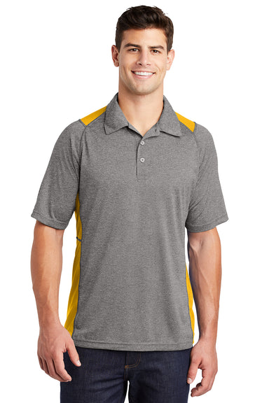 Sport-Tek ST665 Mens Heather Contender Moisture Wicking Short Sleeve Polo Shirt Heather Vintage Grey/Gold Model Front