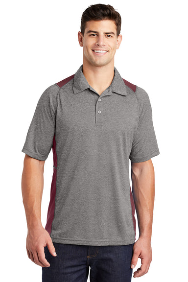Sport-Tek ST665 Mens Heather Contender Moisture Wicking Short Sleeve Polo Shirt Heather Vintage Grey/Maroon Model Front