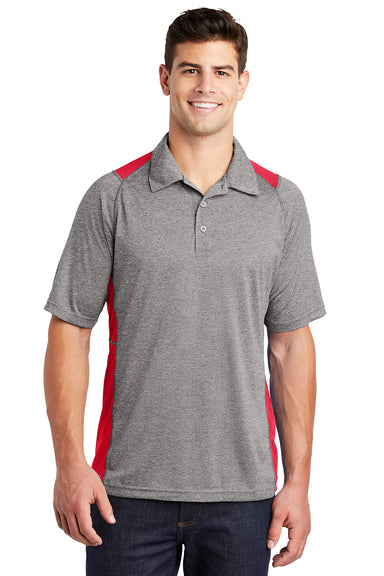 Sport-Tek ST665 Mens Heather Contender Moisture Wicking Short Sleeve Polo Shirt Heather Vintage Grey/True Red Model Front