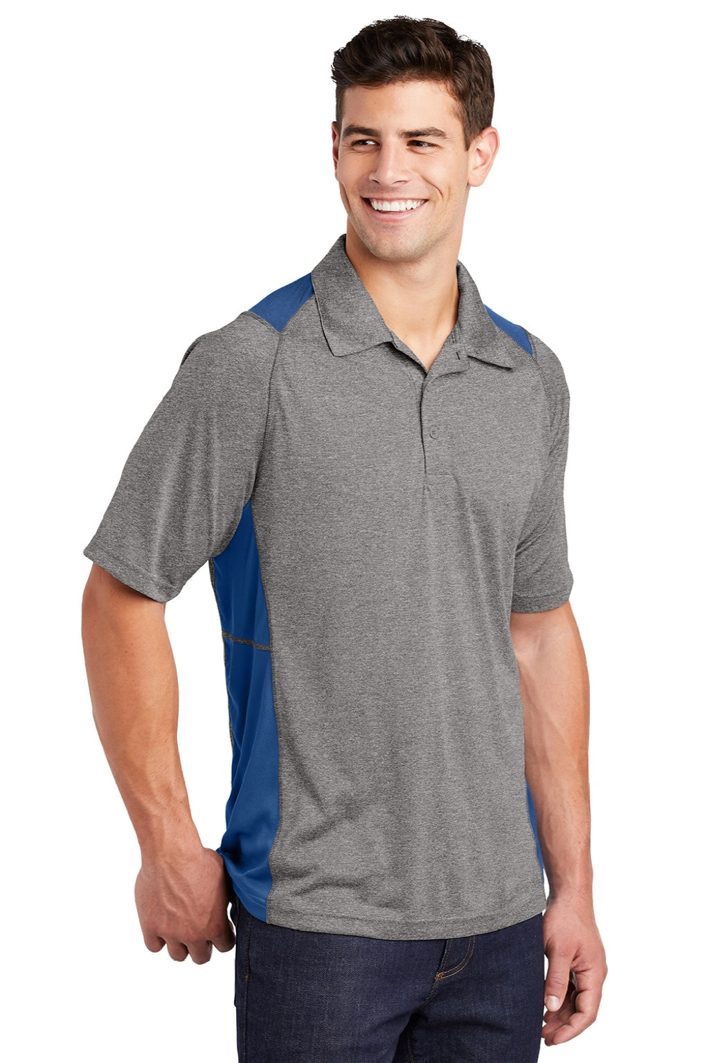 Sport-Tek ST665 Mens Heather Contender Moisture Wicking Short Sleeve Polo Shirt Heather Vintage Grey/Royal Blue Model 3q