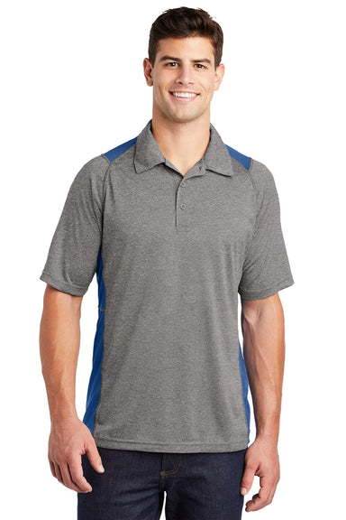 Sport-Tek ST665 Mens Heather Contender Moisture Wicking Short Sleeve Polo Shirt Heather Vintage Grey/Royal Blue Model Front