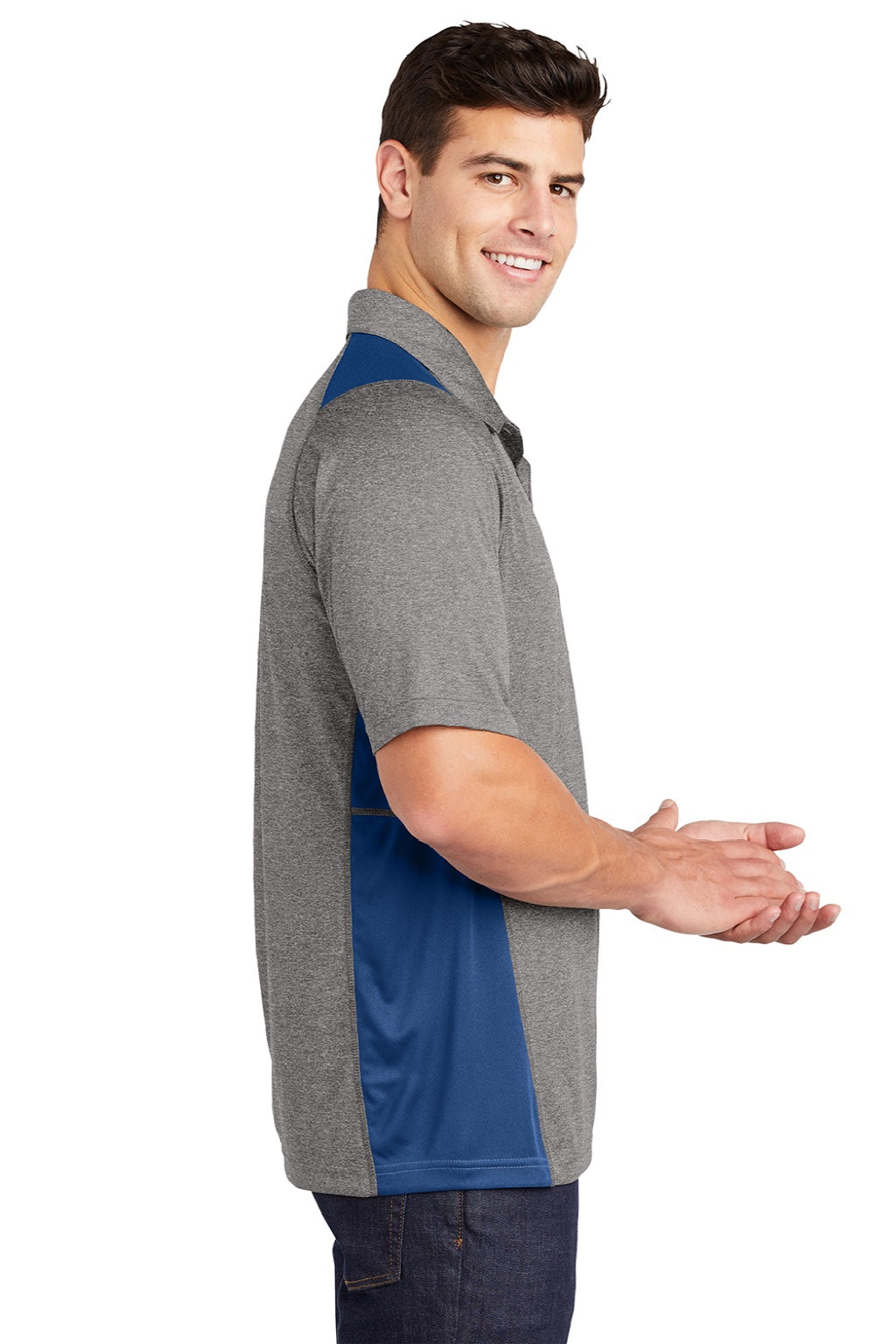 Sport-Tek ST665 Mens Heather Contender Moisture Wicking Short Sleeve Polo Shirt Heather Vintage Grey/Royal Blue Model Side