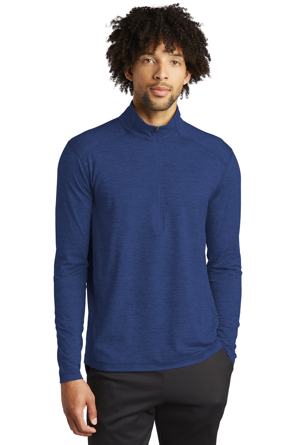 Sport-Tek ST711 Mens Exchange 1.5 Long Sleeve 1/4 Zip T-Shirt Heather True Royal Blue Model Front