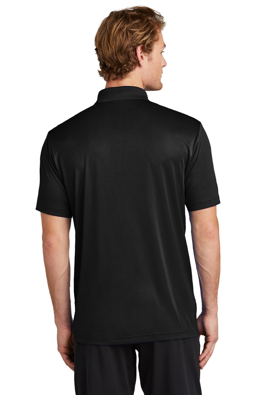Sport-Tek ST725 Mens Moisture Wicking Re-Compete Short Sleeve Polo Shirt Black Model Back