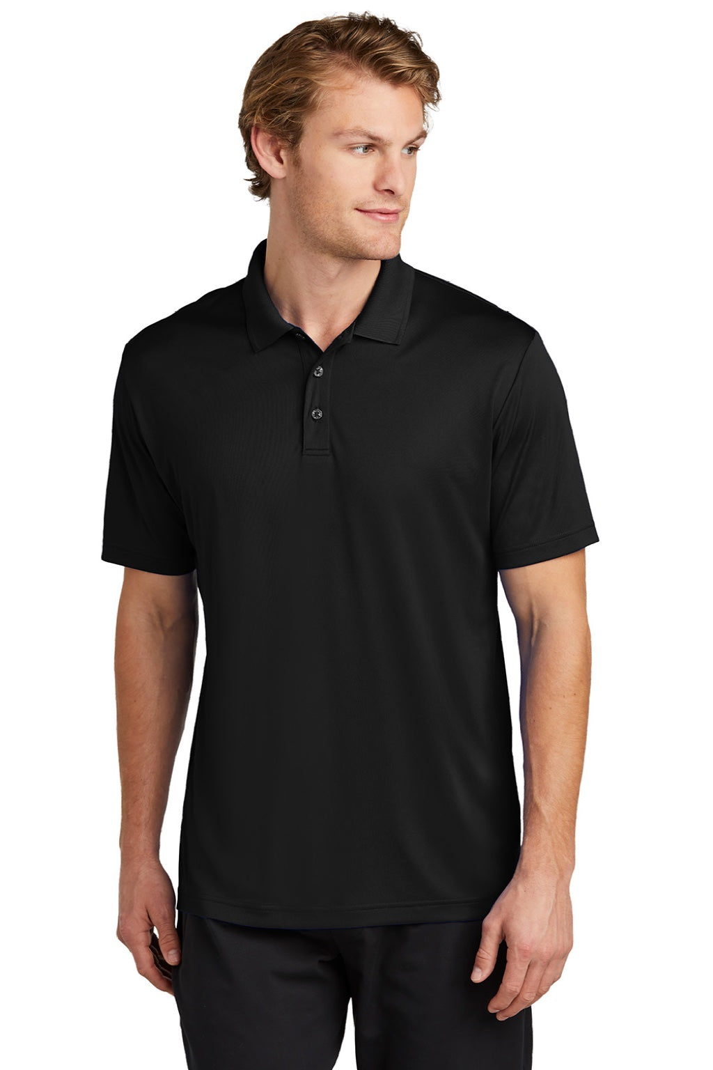 Sport-Tek ST725 Mens Moisture Wicking Re-Compete Short Sleeve Polo Shirt Black Model Front