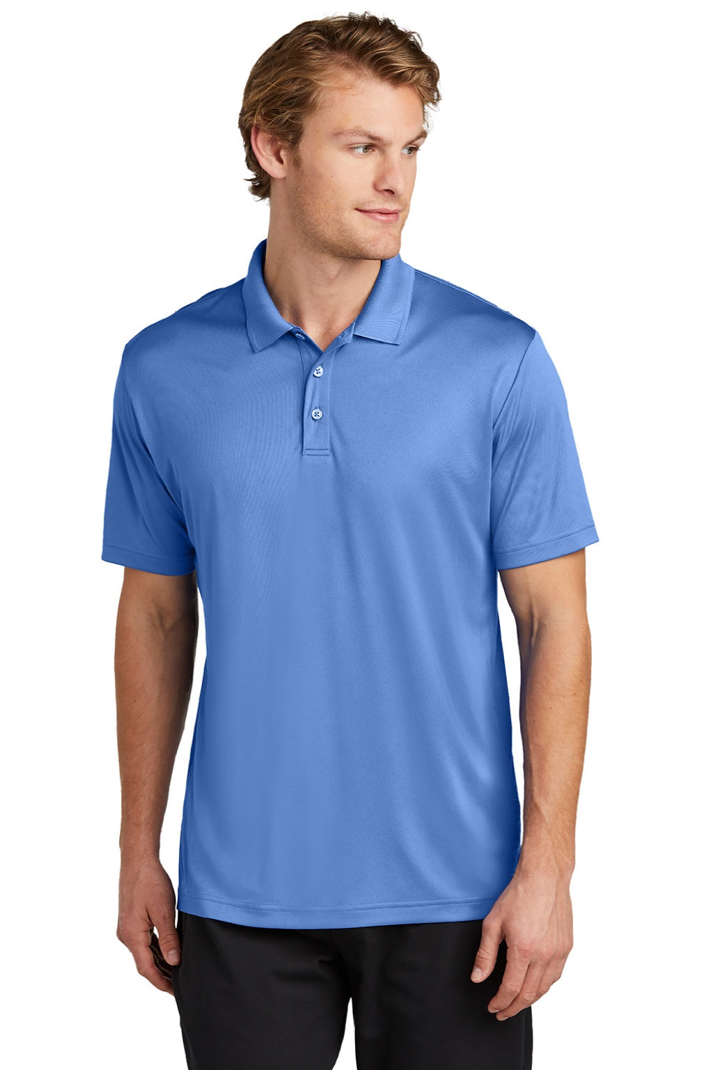 Sport-Tek ST725 Mens Moisture Wicking Re-Compete Short Sleeve Polo Shirt Carolina Blue Model Front