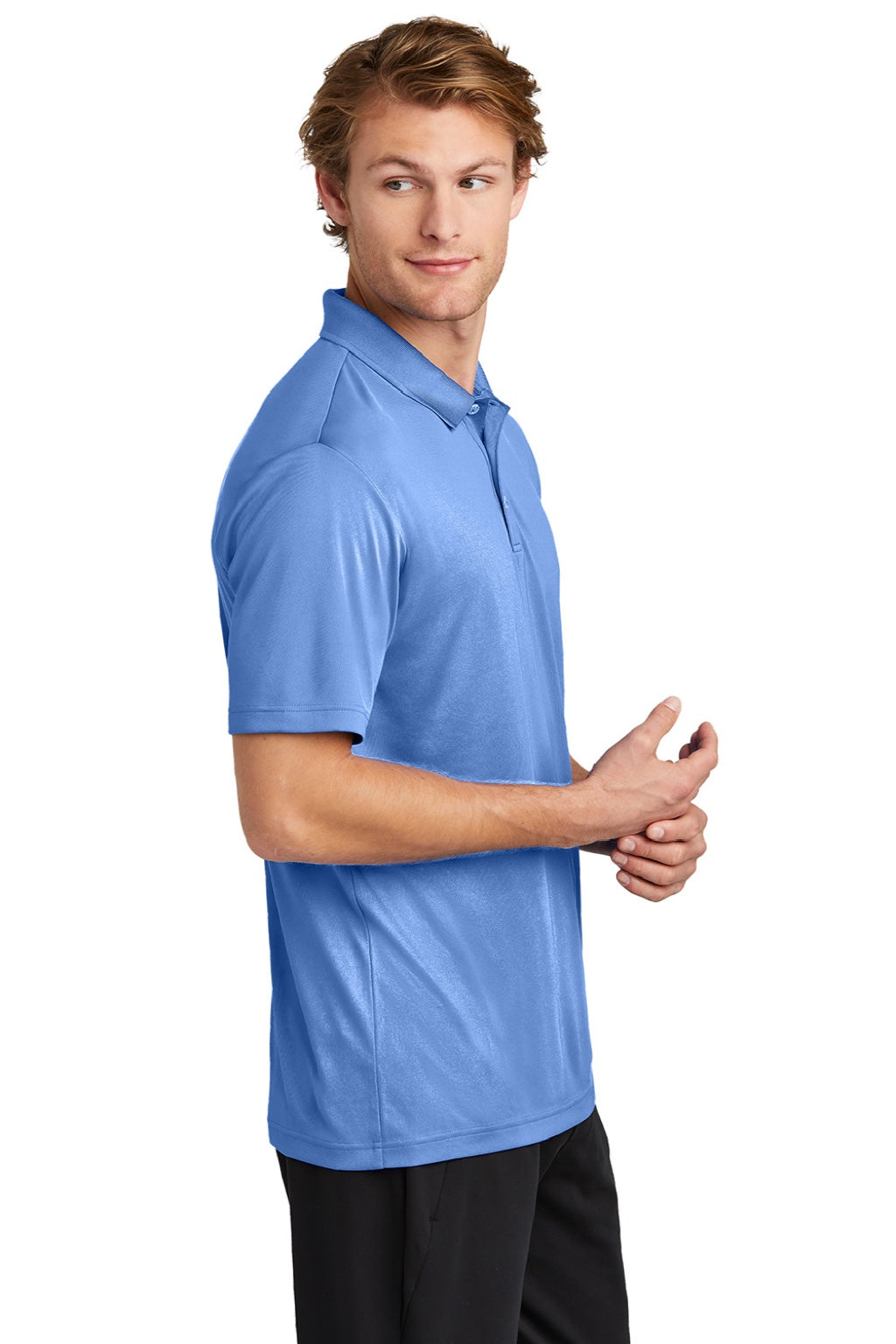 Sport-Tek ST725 Mens Moisture Wicking Re-Compete Short Sleeve Polo Shirt Carolina Blue Model Side