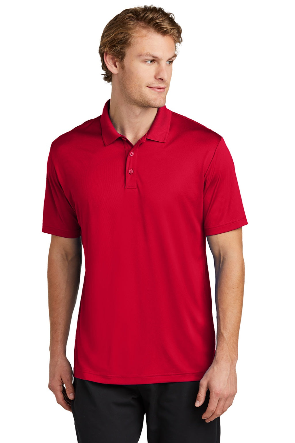 Sport-Tek ST725 Mens Moisture Wicking Re-Compete Short Sleeve Polo Shirt Deep Red Model Front