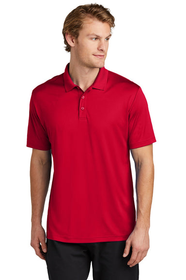 Sport-Tek ST725 Mens Moisture Wicking Re-Compete Short Sleeve Polo Shirt Deep Red Model Front