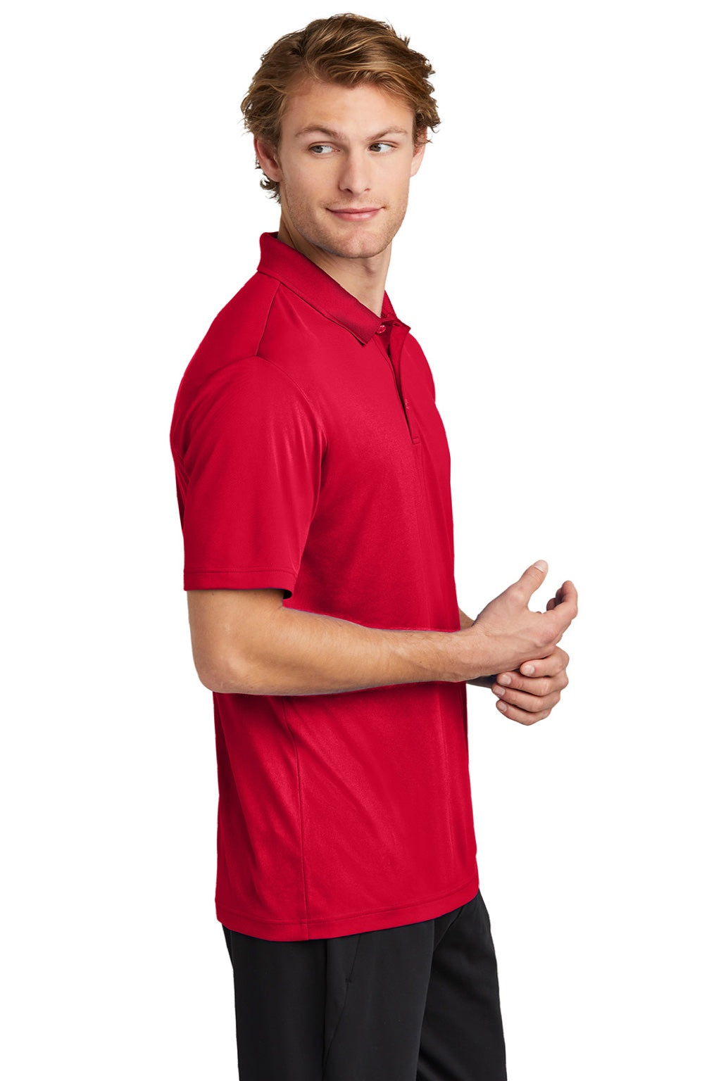 Sport-Tek ST725 Mens Moisture Wicking Re-Compete Short Sleeve Polo Shirt Deep Red Model Side