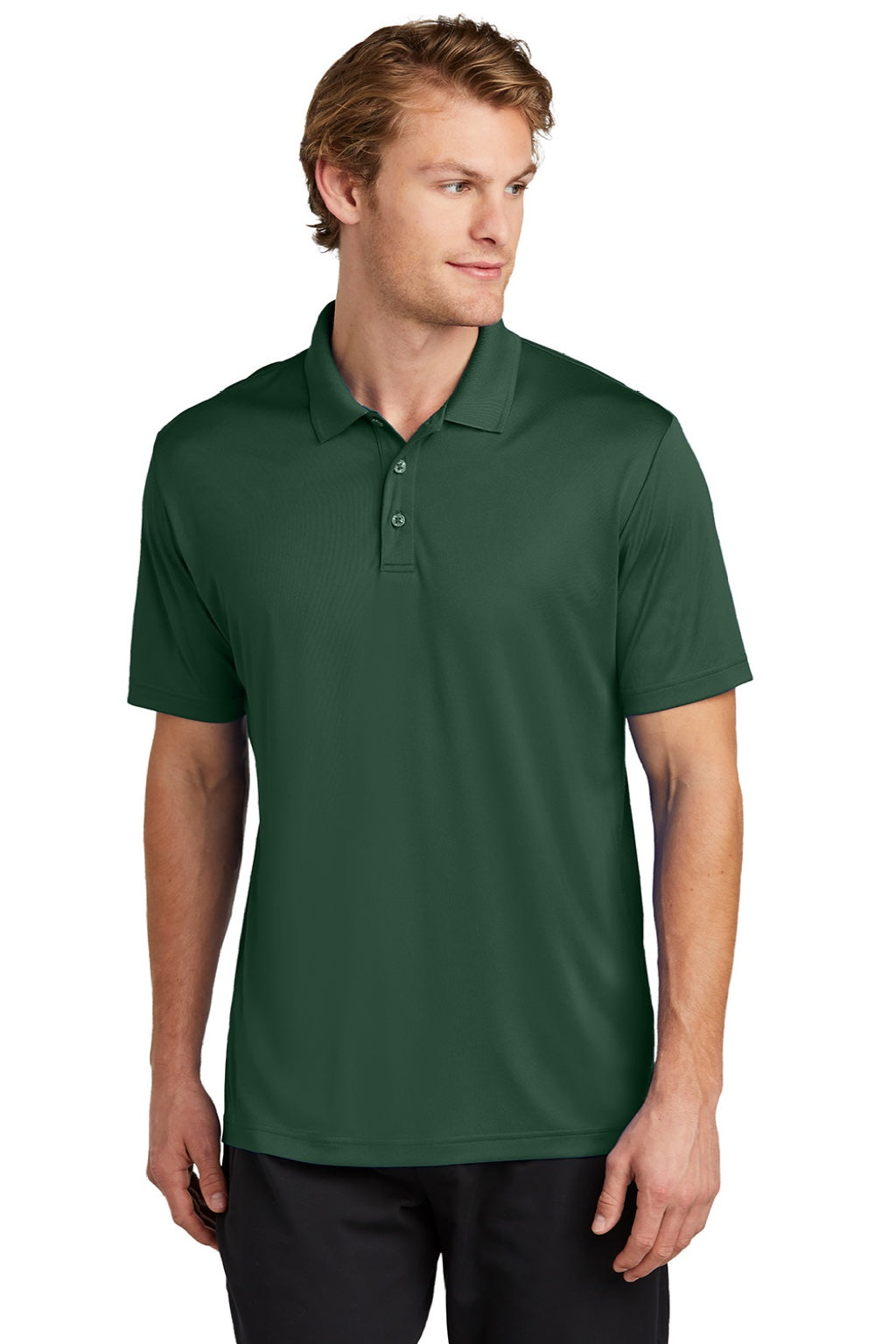Sport-Tek ST725 Mens Moisture Wicking Re-Compete Short Sleeve Polo Shirt Forest Green Model Front