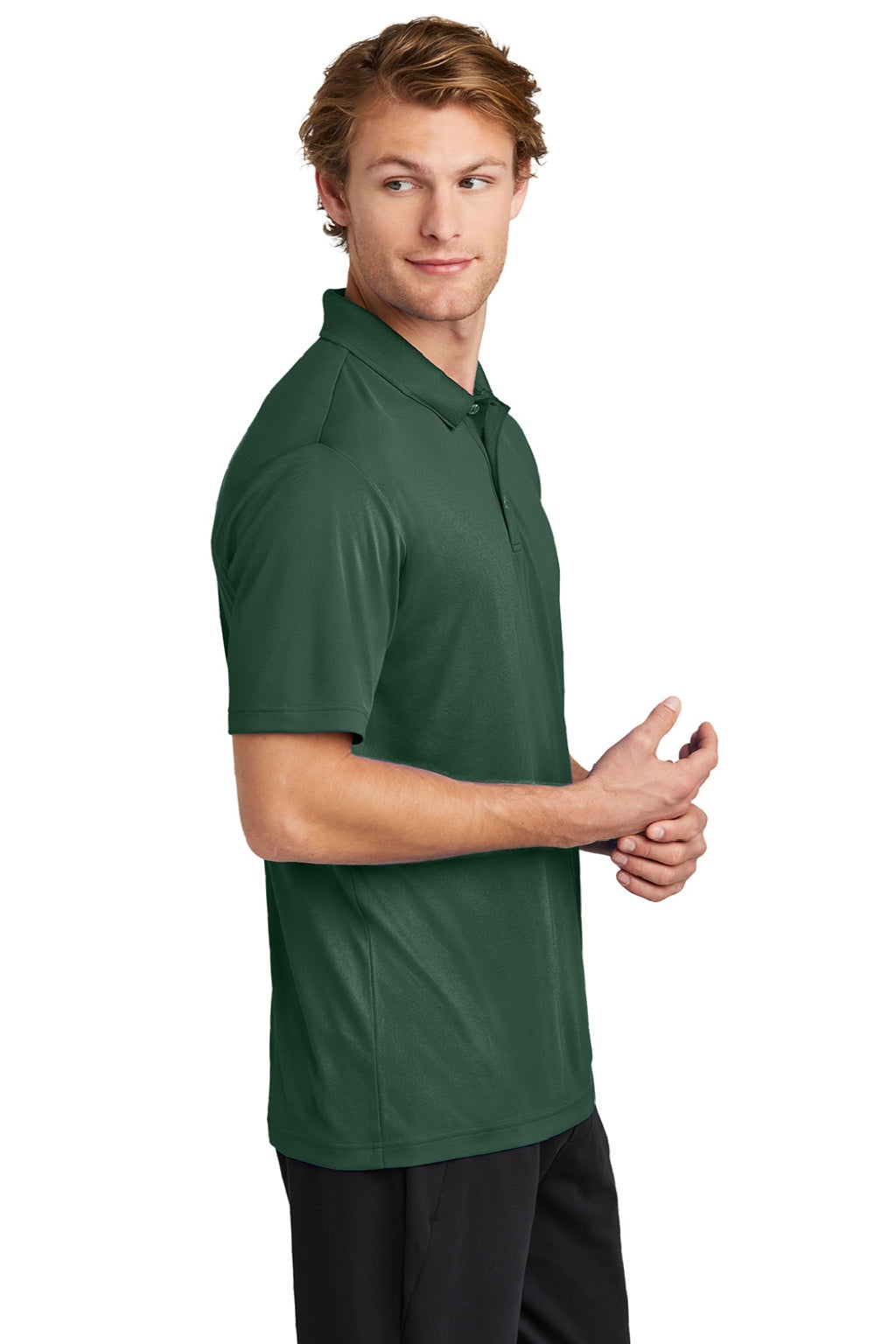 Sport-Tek ST725 Mens Moisture Wicking Re-Compete Short Sleeve Polo Shirt Forest Green Model Side
