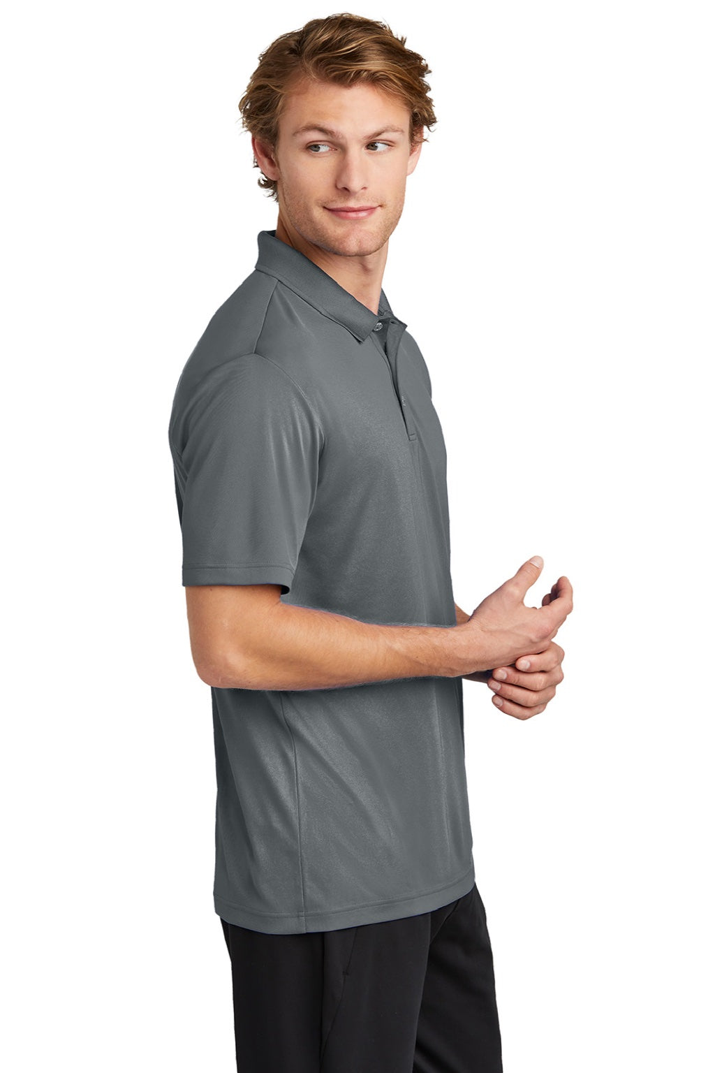 Sport-Tek ST725 Mens Moisture Wicking Re-Compete Short Sleeve Polo Shirt Iron Grey Model Side