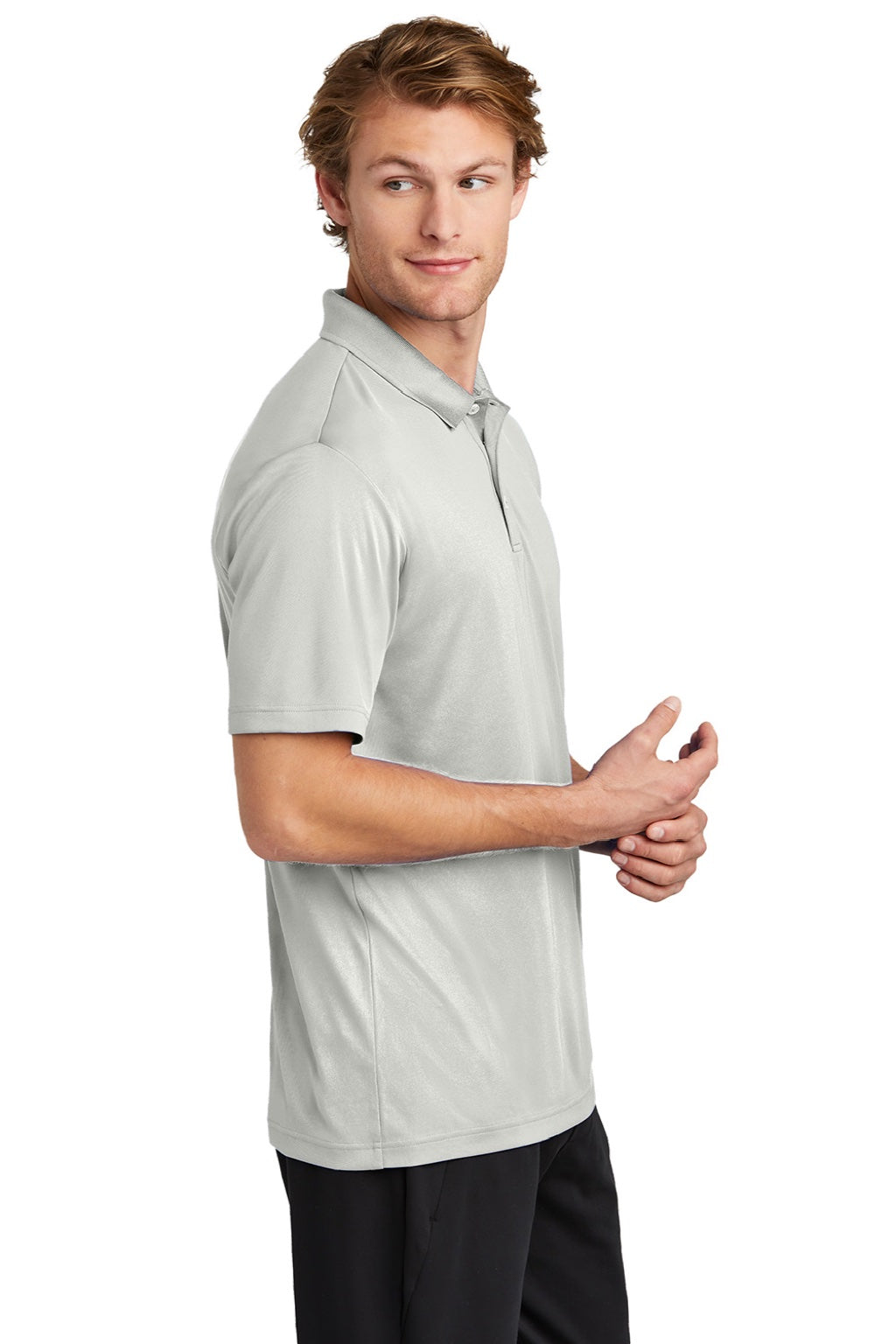 Sport-Tek ST725 Mens Moisture Wicking Re-Compete Short Sleeve Polo Shirt Silver Grey Model Side