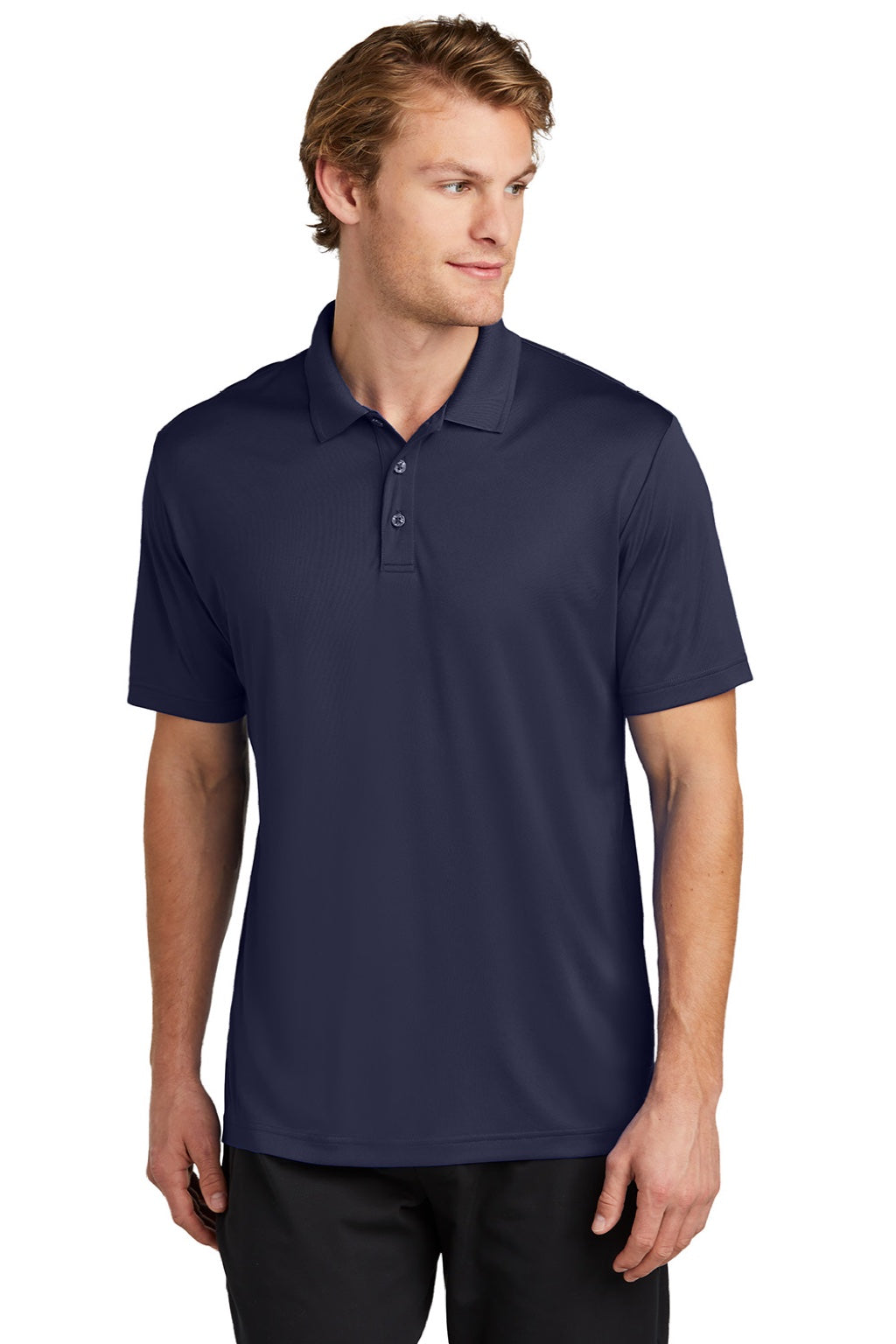Sport-Tek ST725 Mens Moisture Wicking Re-Compete Short Sleeve Polo Shirt True Navy Blue Model Front