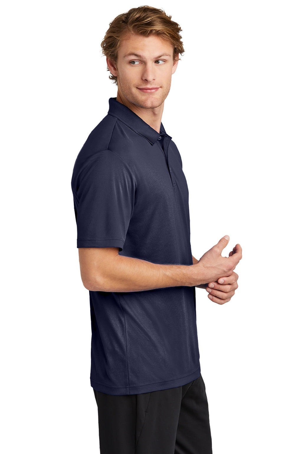 Sport-Tek ST725 Mens Moisture Wicking Re-Compete Short Sleeve Polo Shirt True Navy Blue Model Side