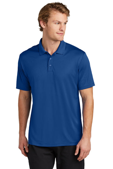 Sport-Tek ST725 Mens Moisture Wicking Re-Compete Short Sleeve Polo Shirt True Royal Blue Model Front