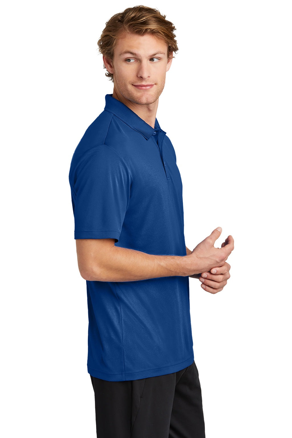 Sport-Tek ST725 Mens Moisture Wicking Re-Compete Short Sleeve Polo Shirt True Royal Blue Model Side