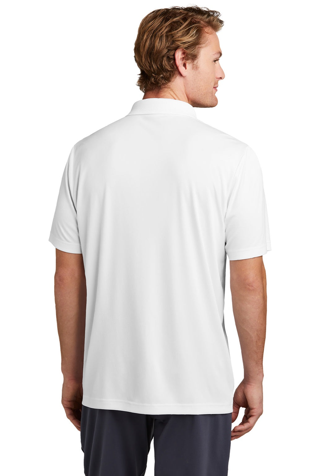 Sport-Tek ST725 Mens Moisture Wicking Re-Compete Short Sleeve Polo Shirt White Model Back