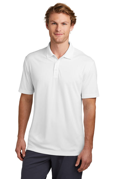 Sport-Tek ST725 Mens Moisture Wicking Re-Compete Short Sleeve Polo Shirt White Model Front