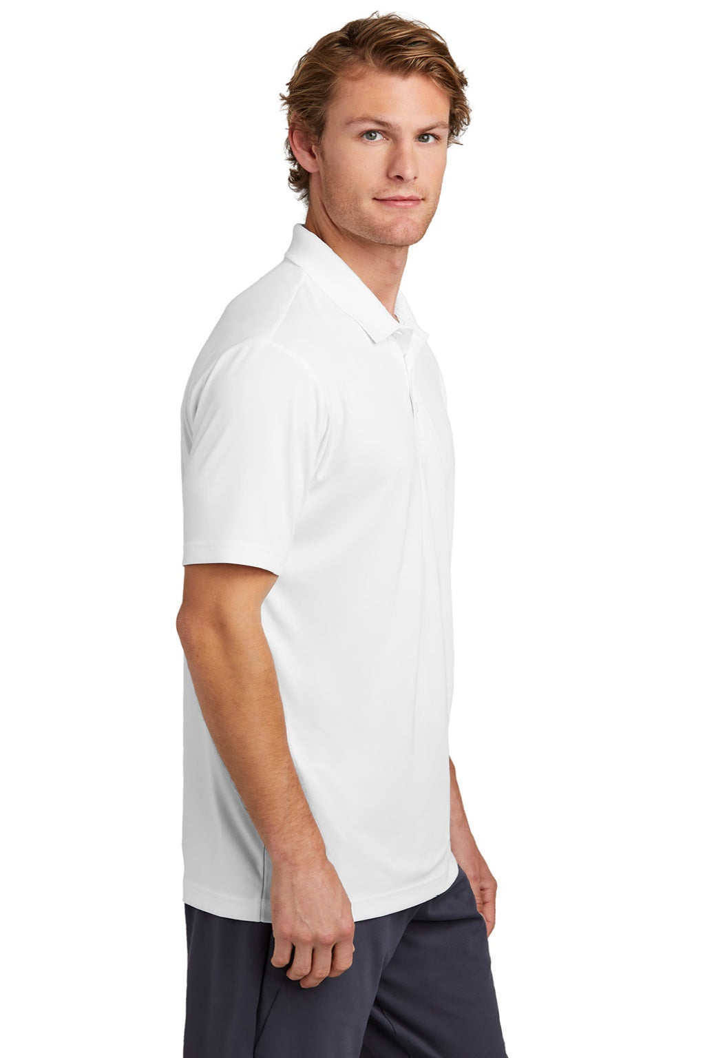 Sport-Tek ST725 Mens Moisture Wicking Re-Compete Short Sleeve Polo Shirt White Model Side