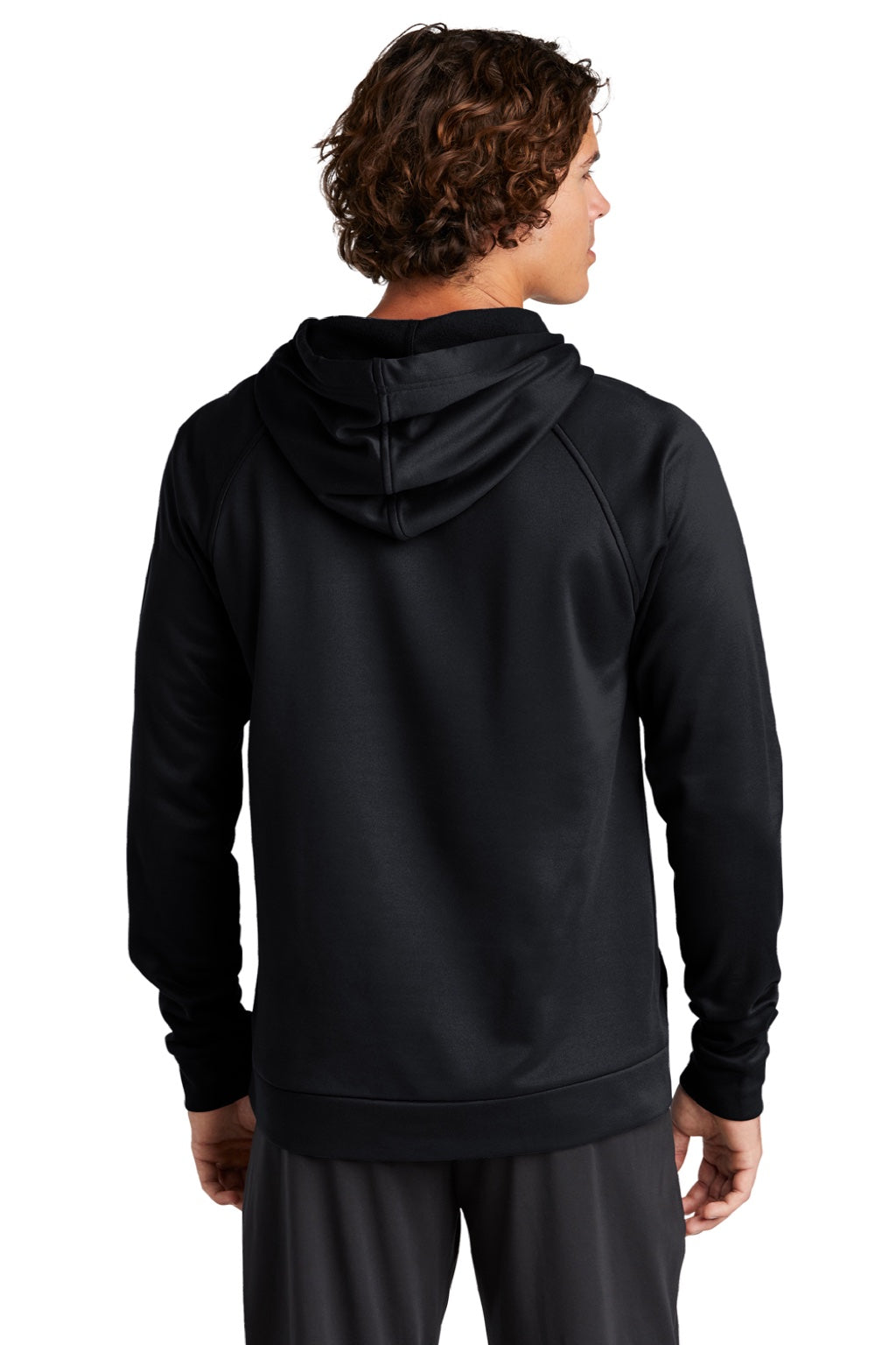 Sport-Tek ST730 Mens Re-Compete Fleece Anti Static Hooded Sweatshirt Hoodie w/ Pouch Pocket Black Model Back