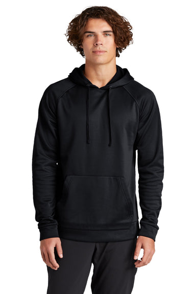 Sport-Tek ST730 Mens Re-Compete Fleece Anti Static Hooded Sweatshirt Hoodie w/ Pouch Pocket Black Model Front