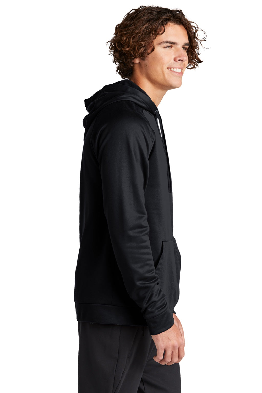 Sport-Tek ST730 Mens Re-Compete Fleece Anti Static Hooded Sweatshirt Hoodie w/ Pouch Pocket Black Model Side