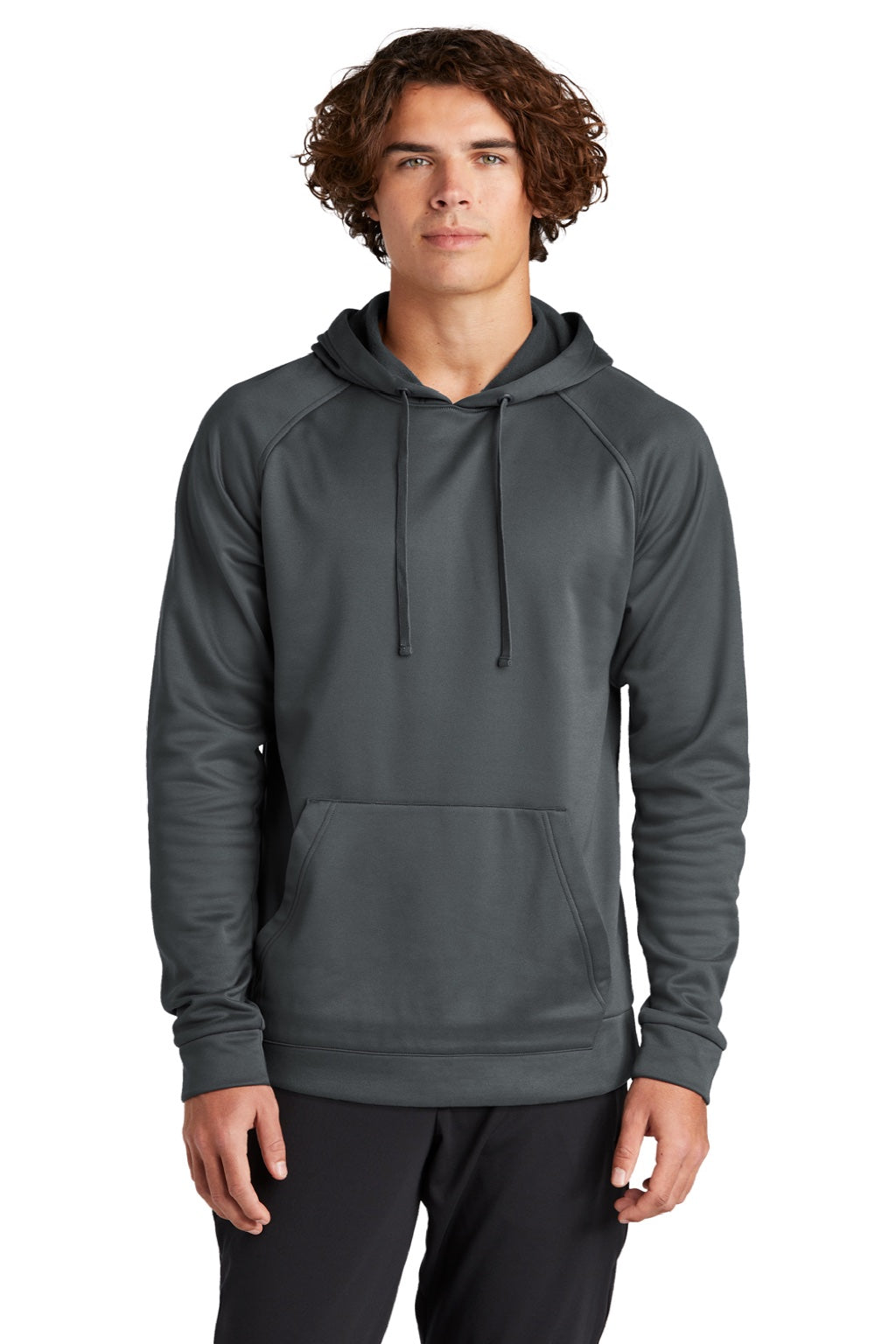 Sport-Tek ST730 Mens Re-Compete Fleece Anti Static Hooded Sweatshirt Hoodie w/ Pouch Pocket Iron Grey Model Front