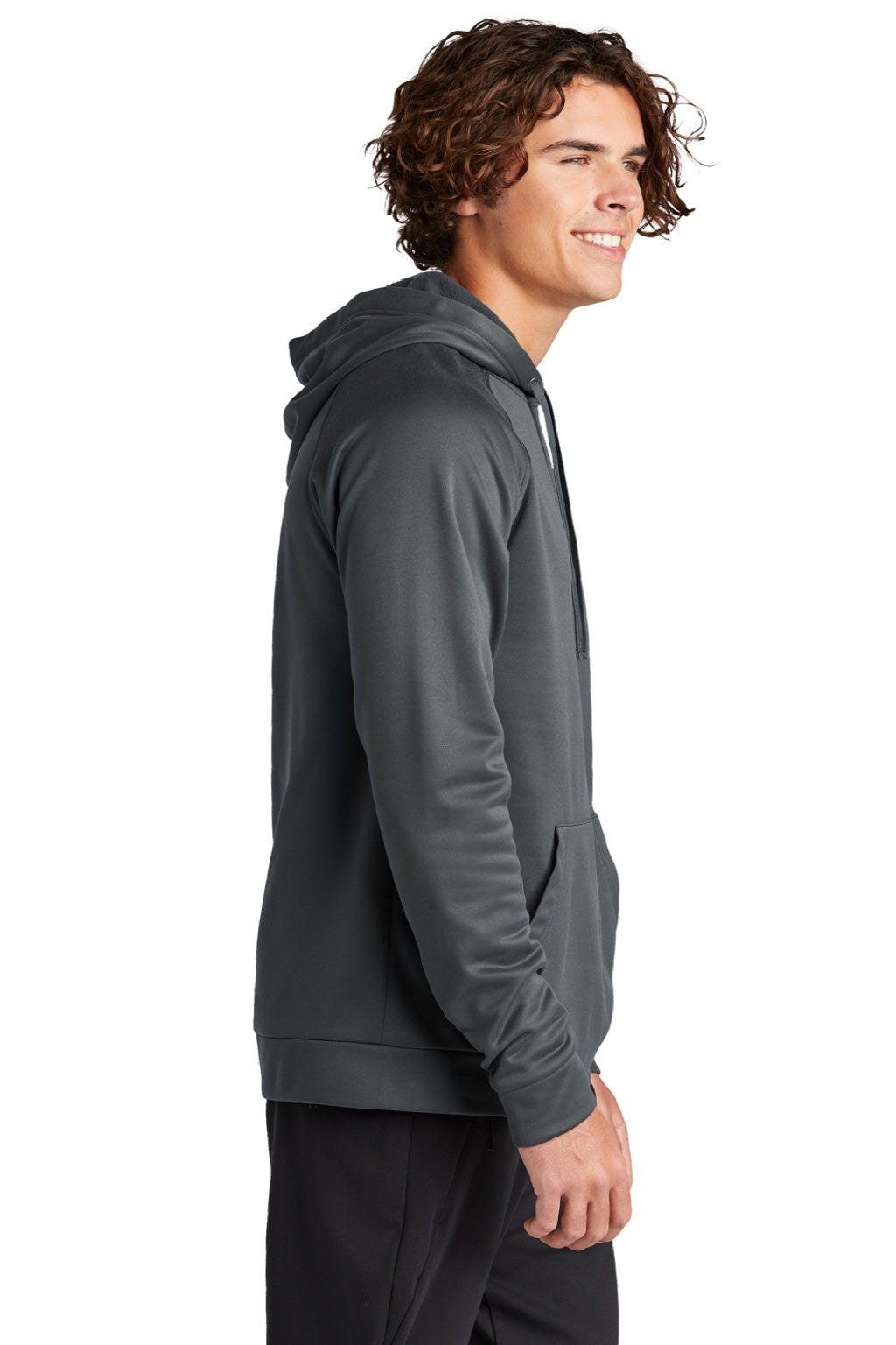 Sport-Tek ST730 Mens Re-Compete Fleece Anti Static Hooded Sweatshirt Hoodie w/ Pouch Pocket Iron Grey Model Side