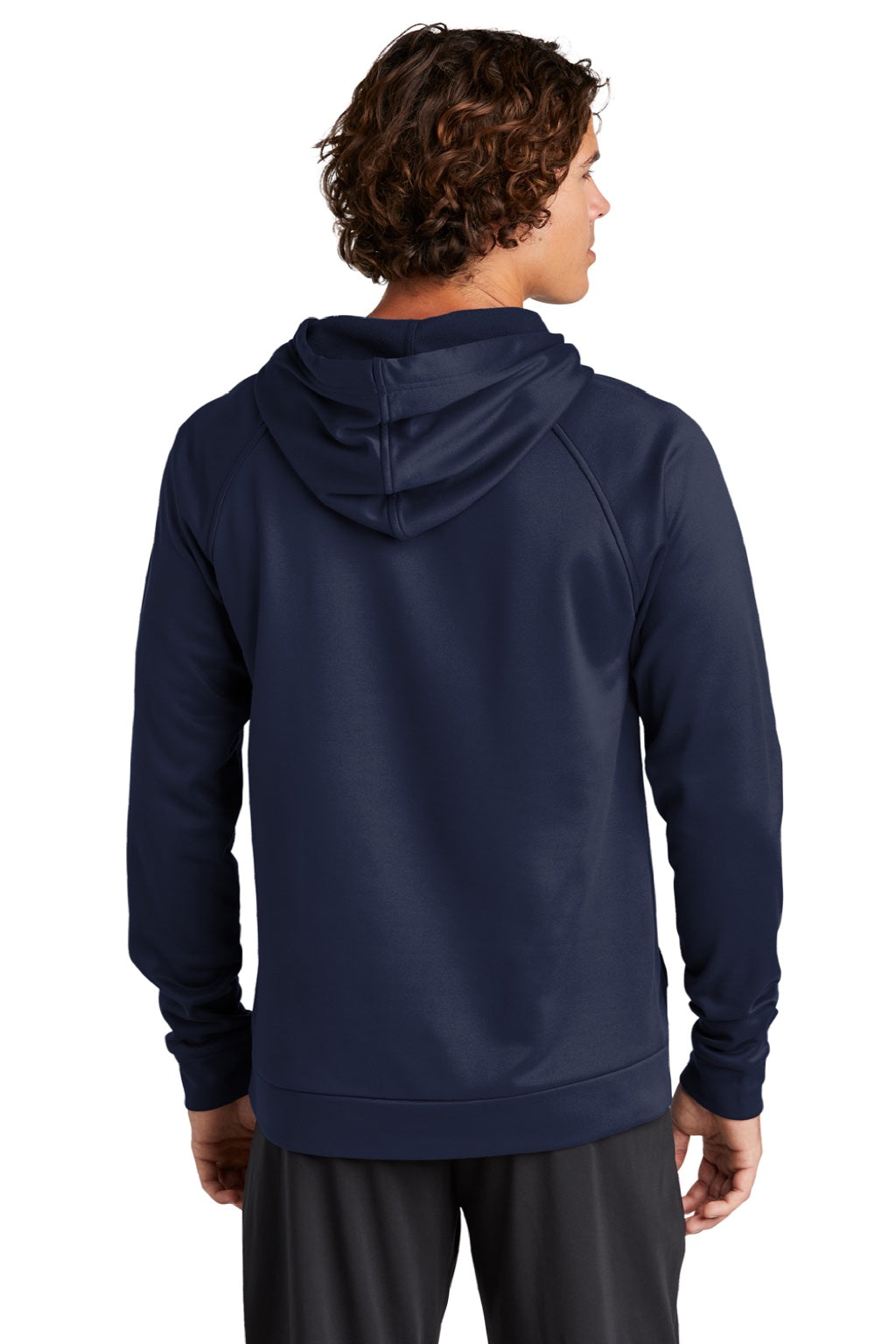 Sport-Tek ST730 Mens Re-Compete Fleece Anti Static Hooded Sweatshirt Hoodie w/ Pouch Pocket True Navy Blue Model Back