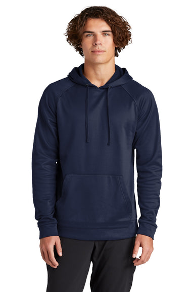 Sport-Tek ST730 Mens Re-Compete Fleece Anti Static Hooded Sweatshirt Hoodie w/ Pouch Pocket True Navy Blue Model Front