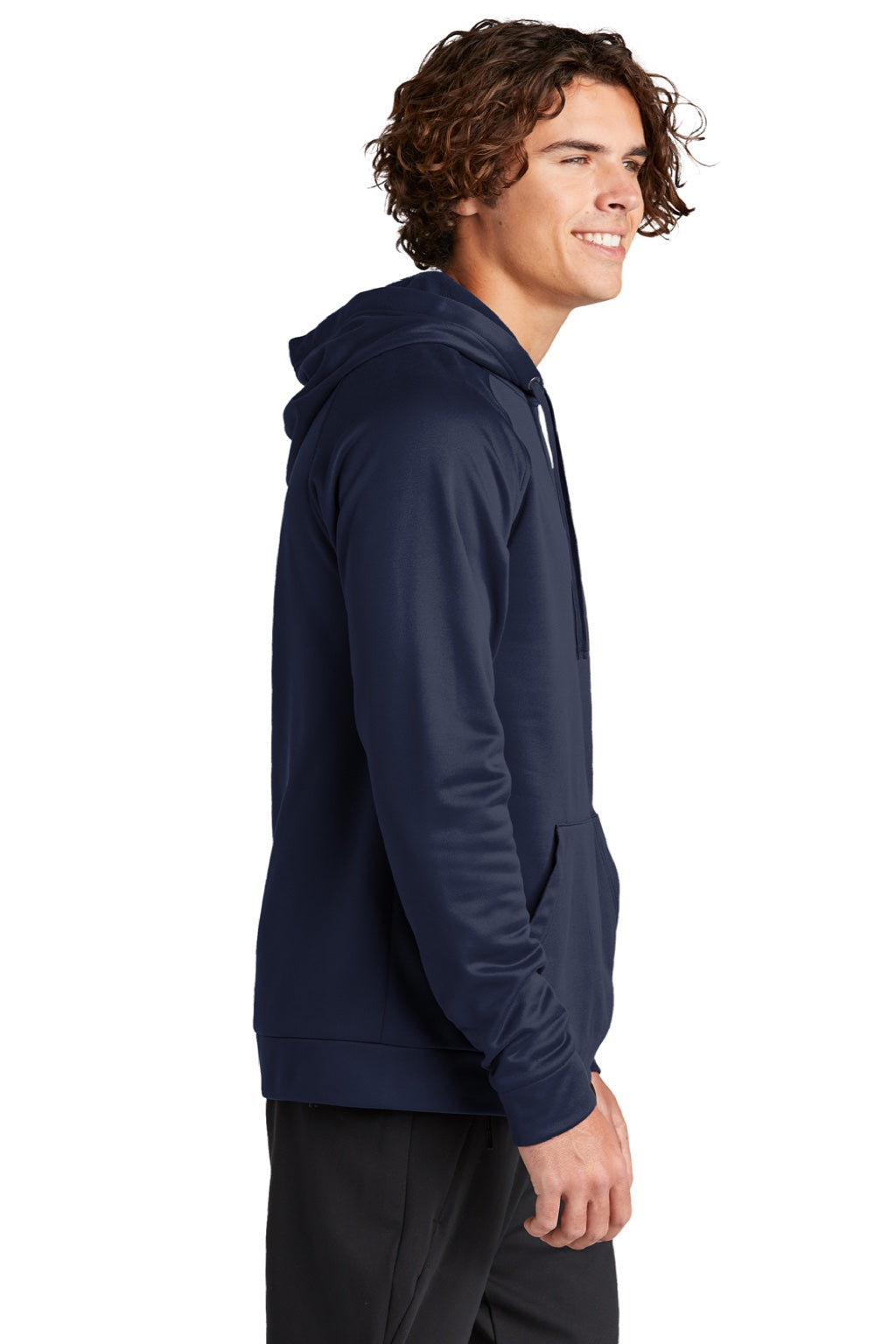 Sport-Tek ST730 Mens Re-Compete Fleece Anti Static Hooded Sweatshirt Hoodie w/ Pouch Pocket True Navy Blue Model Side