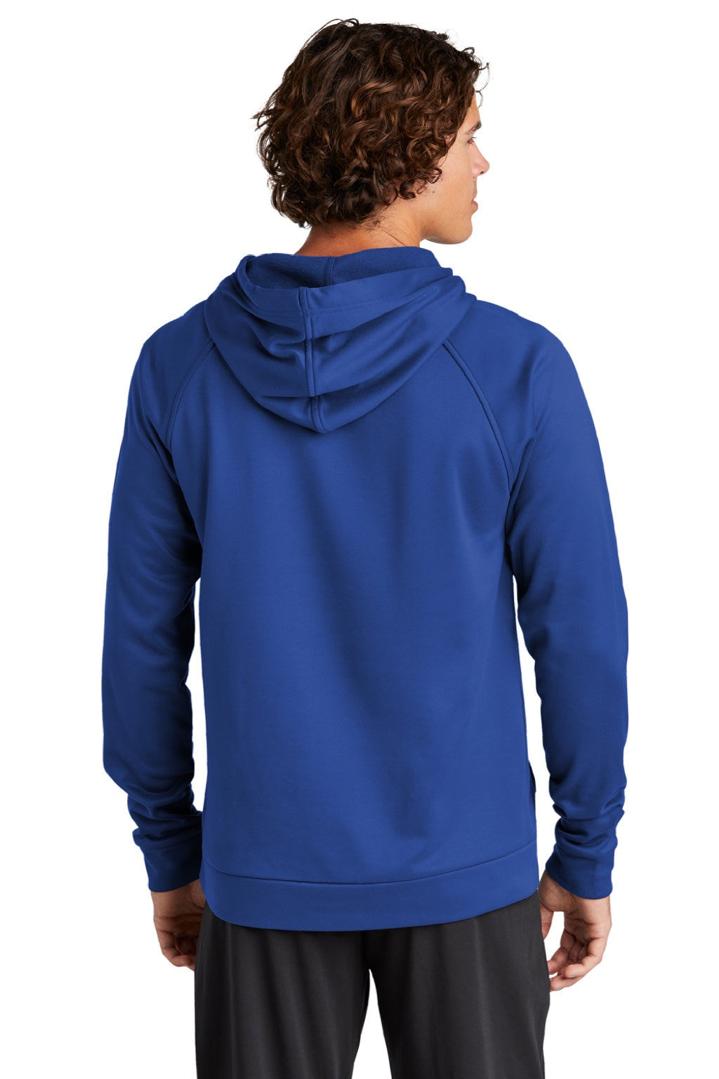 Sport-Tek ST730 Mens Re-Compete Fleece Anti Static Hooded Sweatshirt Hoodie w/ Pouch Pocket True Royal Blue Model Back