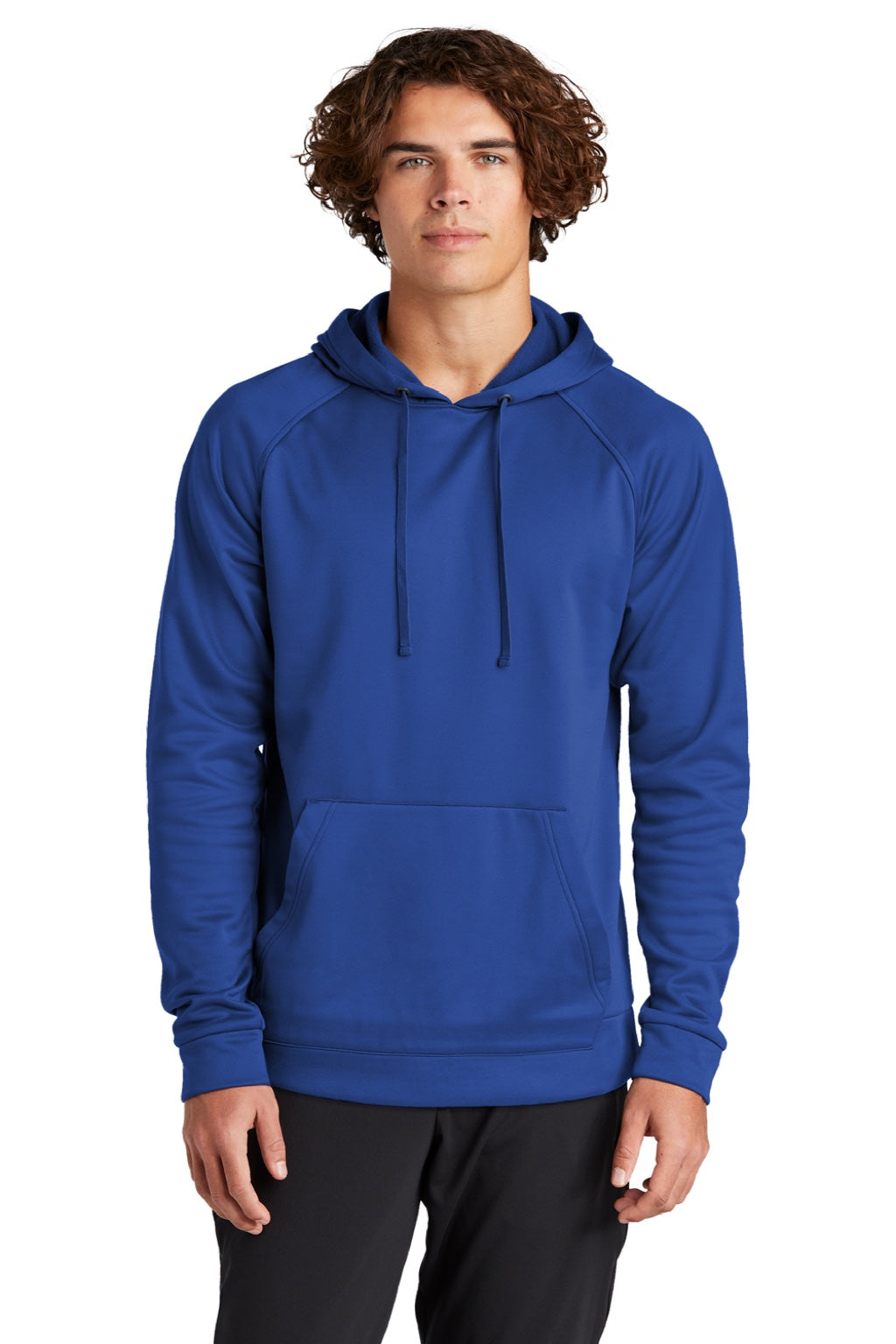 Sport-Tek ST730 Mens Re-Compete Fleece Anti Static Hooded Sweatshirt Hoodie w/ Pouch Pocket True Royal Blue Model Front