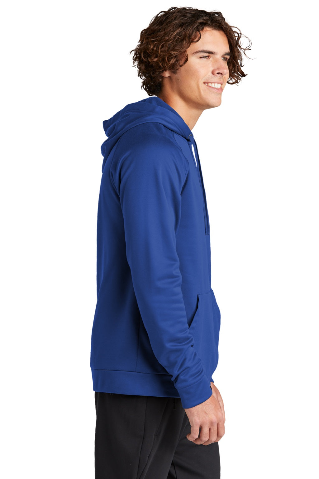 Sport-Tek ST730 Mens Re-Compete Fleece Anti Static Hooded Sweatshirt Hoodie w/ Pouch Pocket True Royal Blue Model Side