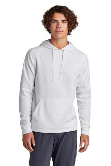 Sport-Tek ST730 Mens Re-Compete Fleece Anti Static Hooded Sweatshirt Hoodie w/ Pouch Pocket White Model Front