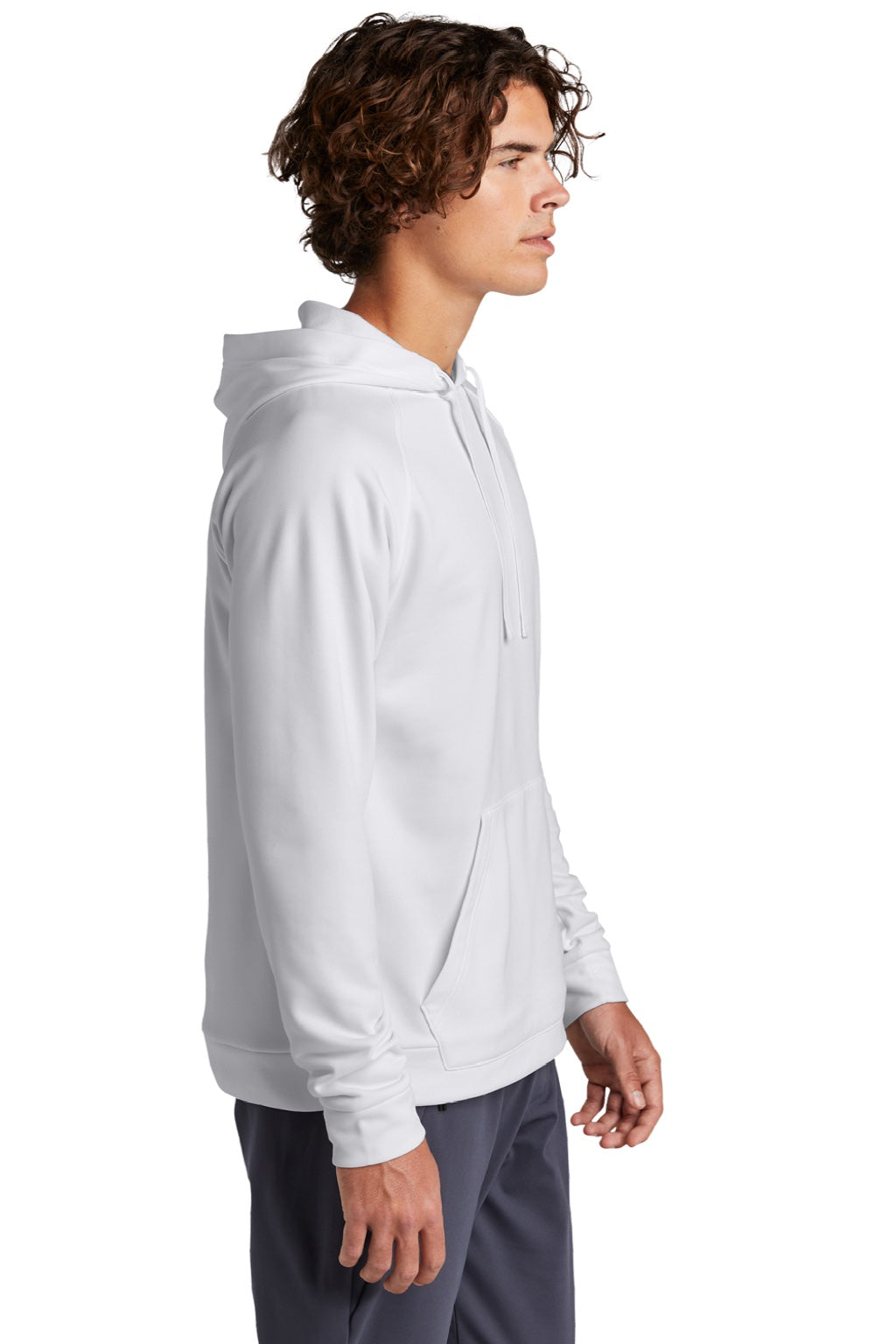 Sport-Tek ST730 Mens Re-Compete Fleece Anti Static Hooded Sweatshirt Hoodie w/ Pouch Pocket White Model Side