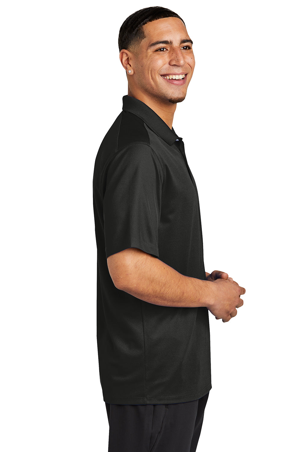 Sport-Tek ST740 Mens Moisture Wicking Micropique Short Sleeve Polo Shirt Black Model Side