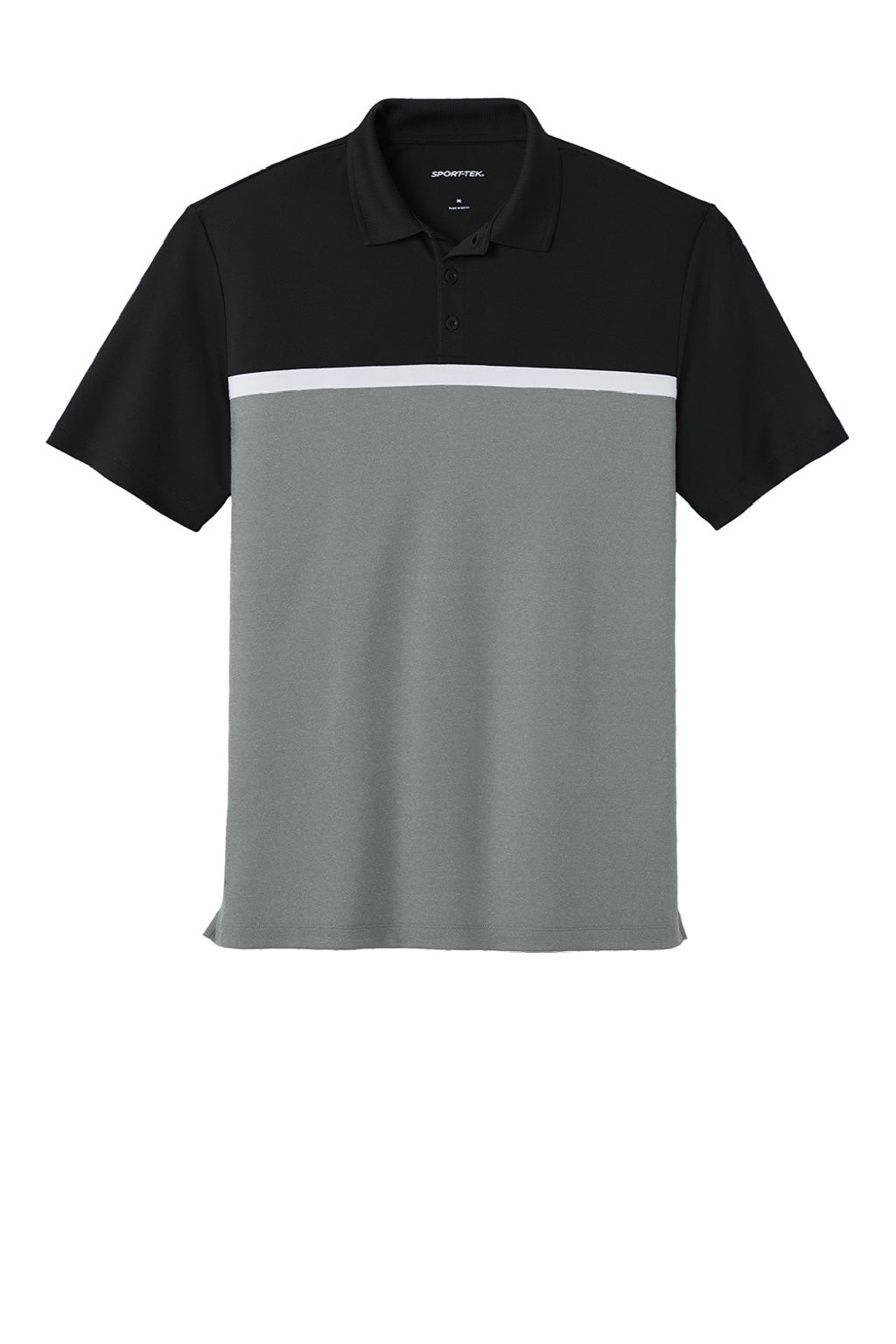 Sport-Tek ST741 Mens UV Micropique Colorblock Moisture Wicking Short Sleeve Polo Shirt Black/Heather Concrete Grey/White Flat Front