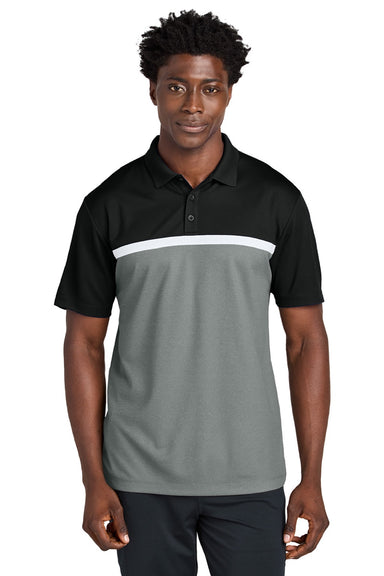 Sport-Tek ST741 Mens UV Micropique Colorblock Moisture Wicking Short Sleeve Polo Shirt Black/Heather Concrete Grey/White Model Front