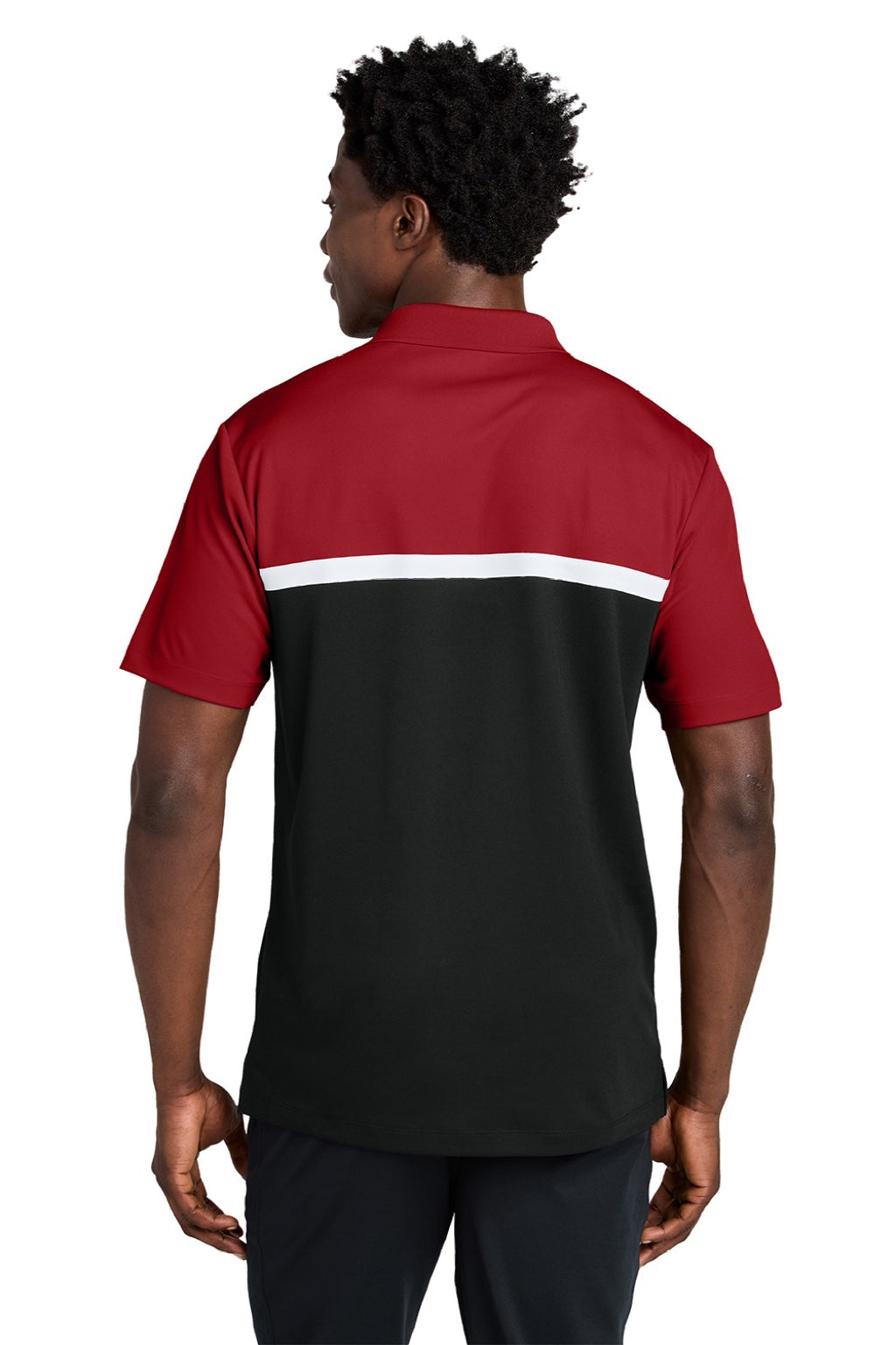 Sport-Tek ST741 Mens UV Micropique Colorblock Moisture Wicking Short Sleeve Polo Shirt Deep Red/Black/White Model Back