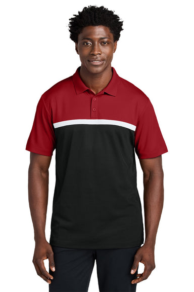 Sport-Tek ST741 Mens UV Micropique Colorblock Moisture Wicking Short Sleeve Polo Shirt Deep Red/Black/White Model Front