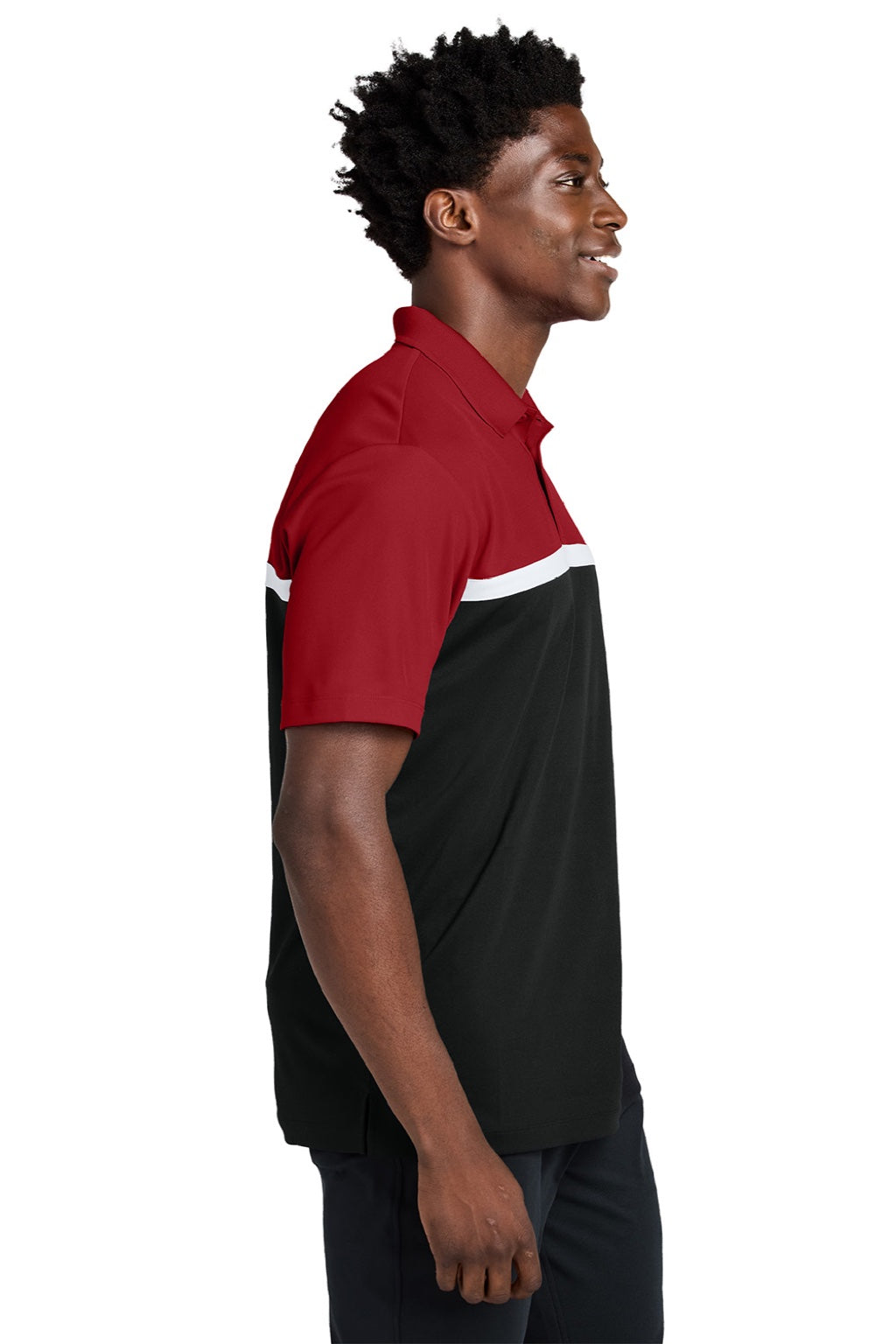 Sport-Tek ST741 Mens UV Micropique Colorblock Moisture Wicking Short Sleeve Polo Shirt Deep Red/Black/White Model Side