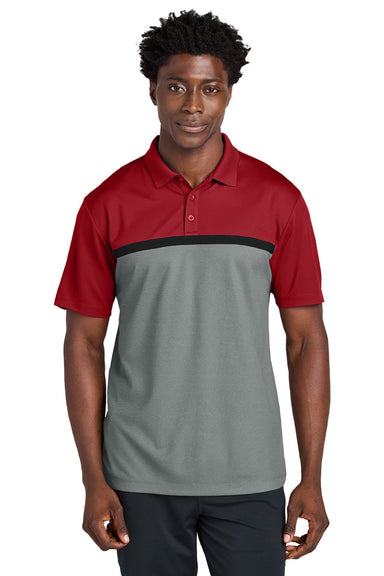 Sport-Tek ST741 Mens UV Micropique Colorblock Moisture Wicking Short Sleeve Polo Shirt Deep Red/Heather Concrete Grey/Black Model Front
