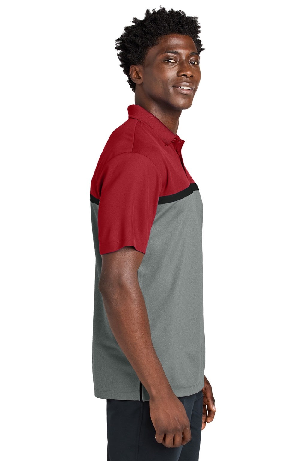 Sport-Tek ST741 Mens UV Micropique Colorblock Moisture Wicking Short Sleeve Polo Shirt Deep Red/Heather Concrete Grey/Black Model Side